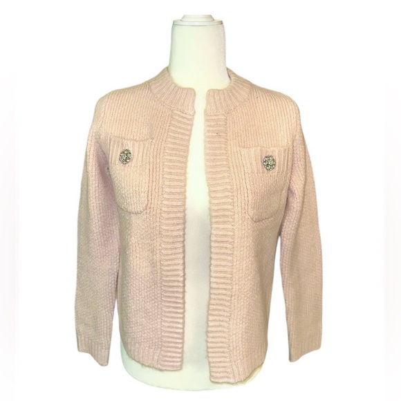 ANN TAYLOR Light Pink Jeweled Button Sweater Jacket Chanel Cardigan XS Petite - Picture 7 of 11